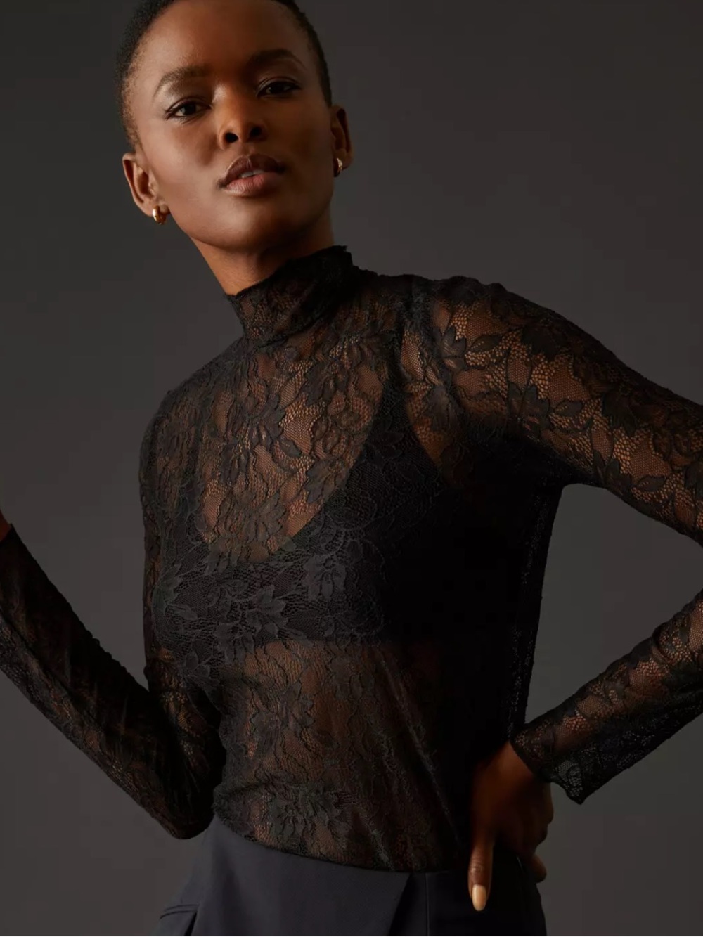 Anthropologie Black Mock Neck Sheer Lace Long-Sleeve Top NWT